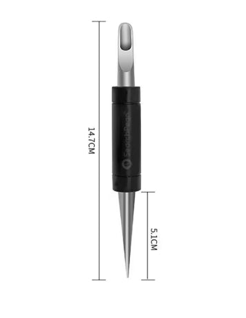 Black and silver tool with measurements on a white background